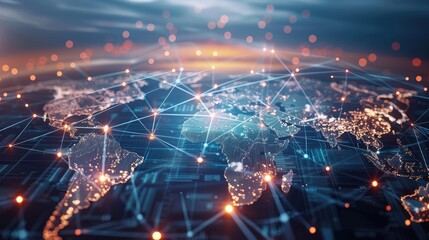 Obraz premium Digital Global Network with Connections and Illuminated World Map