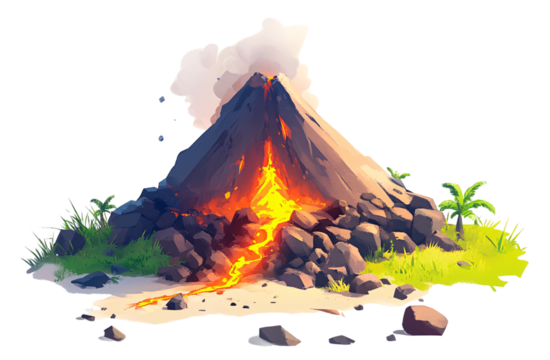 miniature volcano erupting, in the style of a cartoon, on a white background, in PNG