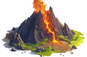 miniature volcano erupting, in the style of a cartoon, on a white background, in PNG