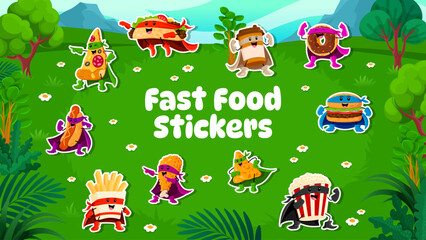 Obraz premium Cartoon fast food superhero characters stickers pack, vector comic personages. Funny cheeseburger superhero with taco superman and donut defender with popcorn and fries guardian in power mantle