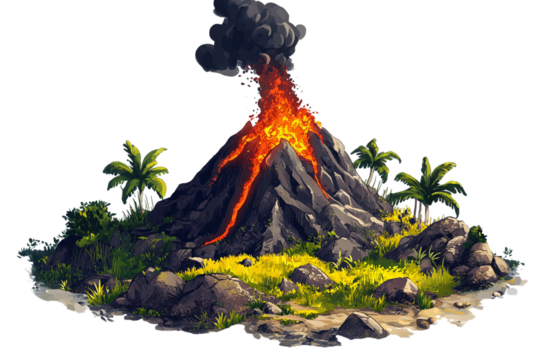miniature volcano erupting, in the style of a cartoon, on a white background, in PNG