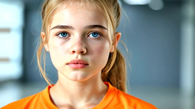 Teen girl portrait, serious expression, indoor setting, blurred background, website use