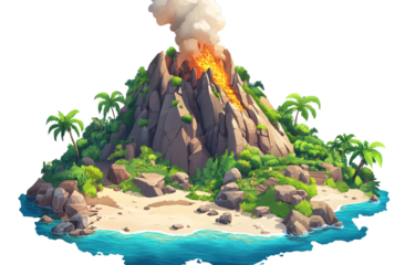 miniature volcano erupting, in the style of a cartoon, on a white background, in PNG