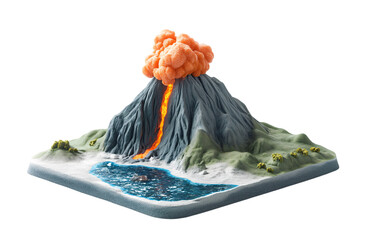 miniature volcano erupting, in the style of a cartoon, on a white background, in PNG