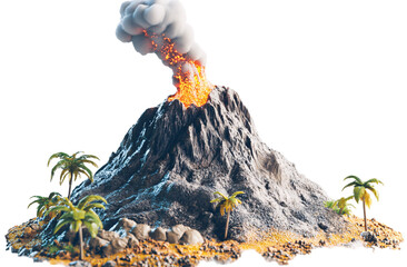 miniature volcano erupting, in the style of a cartoon, on a white background, in PNG