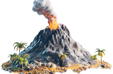 miniature volcano erupting, in the style of a cartoon, on a white background, in PNG