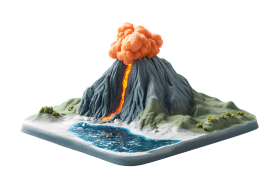 miniature volcano erupting, in the style of a cartoon, on a white background, in PNG