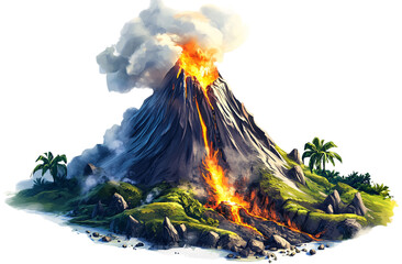 miniature volcano erupting, in the style of a cartoon, on a white background, in PNG