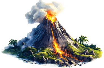 miniature volcano erupting, in the style of a cartoon, on a white background, in PNG