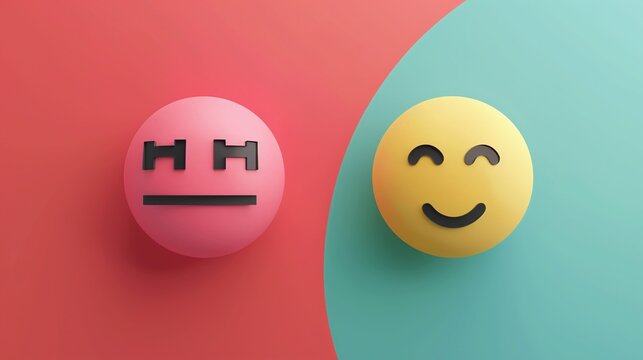 Cheerful smiley face emoji sphere floating on a vibrant pink yellow and turquoise geometric background  Minimalist modern and abstract design concept with 3D rendered shapes