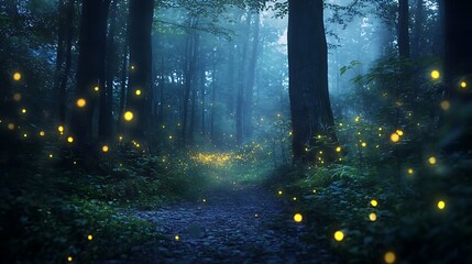 Fototapeta premium Enchanting fireflies dance in lush greenery organic forest pathway natural evening glow serene environment