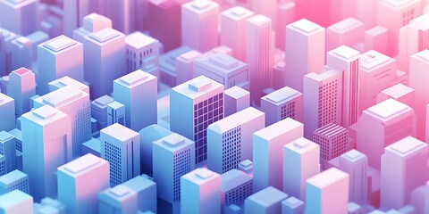 Fototapeta premium Cityscape in pastel hues: An abstract view of a vibrant cityscape, featuring a grid of pastel-colored high-rise buildings under a gradient sky.