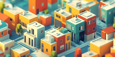 Fototapeta premium Cityscape of Colorful Buildings: A vibrant, geometric cityscape comes to life, showcasing an array of colorful buildings in a captivating isometric perspective