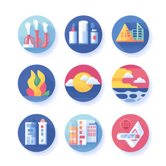 Modern icon set featuring industry, architecture, nature and travel