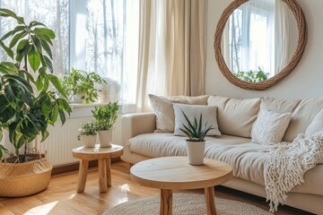 Sunlit living room with beige sofa, plants, and round mirror.