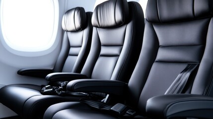 A set of sleek black airplane seats with comfortable padding, showcasing modern design and spacious arrangement, perfect for travel enthusiasts looking for luxury.