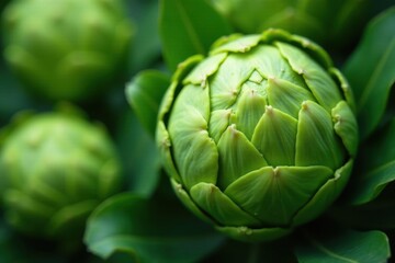 Obraz premium Fresh artichoke, lush green hues, close-up view , food, fresh, organic food