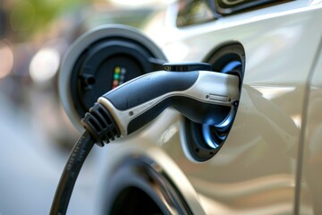 A close-up view of an electric vehicle charging connector being plugged into a charging station. The background features blurred vehicles and greenery in a bustling city.