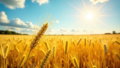 Naklejka premium Golden barley field bathed in summer sunlight, swaying gently , golden, field, texture