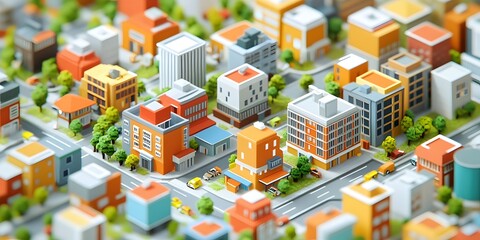 Miniature Cityscape: A vibrant, whimsical aerial view of a colorful, miniature cityscape, showcasing buildings, roads, trees and homes in a playful, inviting design. 