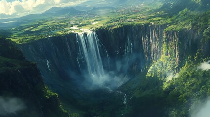 Breathtaking waterfall cascading through lush greenery in a natural landscape majestic valley view organic environment