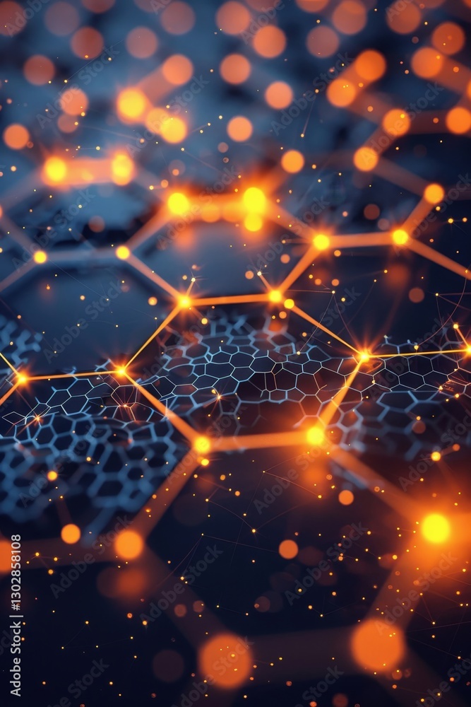 Poster interconnected hexagons create a visually striking pattern illuminated by glowing orange particles. 