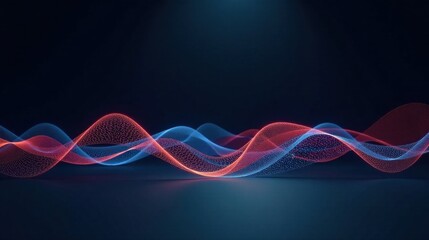 Abstract Flowing Neon Waves of Red and Blue Light Particles on Dark Background