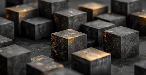 Dark metallic cubes are arranged in an abstract pattern each displaying a hint of golden...