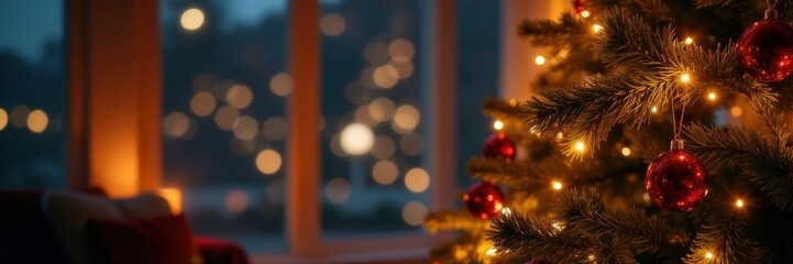 Obraz premium Illuminated Christmas tree, warm glow, festive decor, tinsel, magic