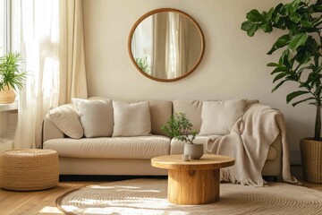 Sunlit living room with beige sofa, wooden coffee table, round mirror, and plants.