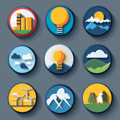 Icons of green energy sources and ecological sustainability solutions