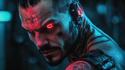 Cyberpunk 2077: Adam Smasher Cosplay,  Intense Close-up Portrait of a  Futuristic  Warrior with Augmented Features