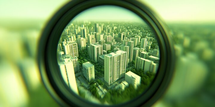 City Through the Lens: A captivating view of a bustling cityscape captured through the lens of a telescope, blurring the edges and adding a sense of mystery and intrigue to the sprawling metropolis.