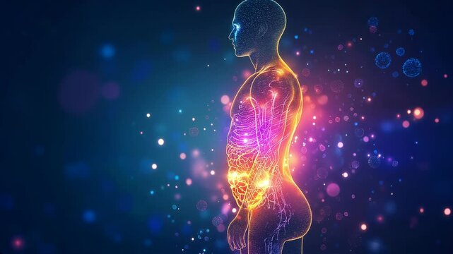 Illuminated human silhouette showcasing microscopic gut bacteria a symbol of health and wellness