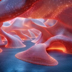 Glowing undulating shapes create a surreal landscape in a cavern filled with vibrant colors and subtle lighting. The atmosphere suggests a fantastical realm bathed in twilight hues.