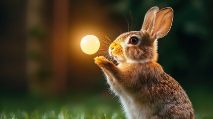 A charming rabbit cradles a glowing orb, set against a dark, lush backdrop, conveying an enchanting and mysterious mood amid the beauty of nightfall.