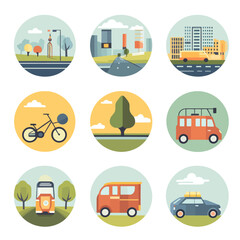 City and Nature Icons: Urban Transportation, Green Spaces, and Travel Options