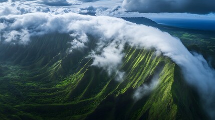 Fototapeta premium Majestic cloud cover over lush greenery natural landscape aerial view organic vistas in nature