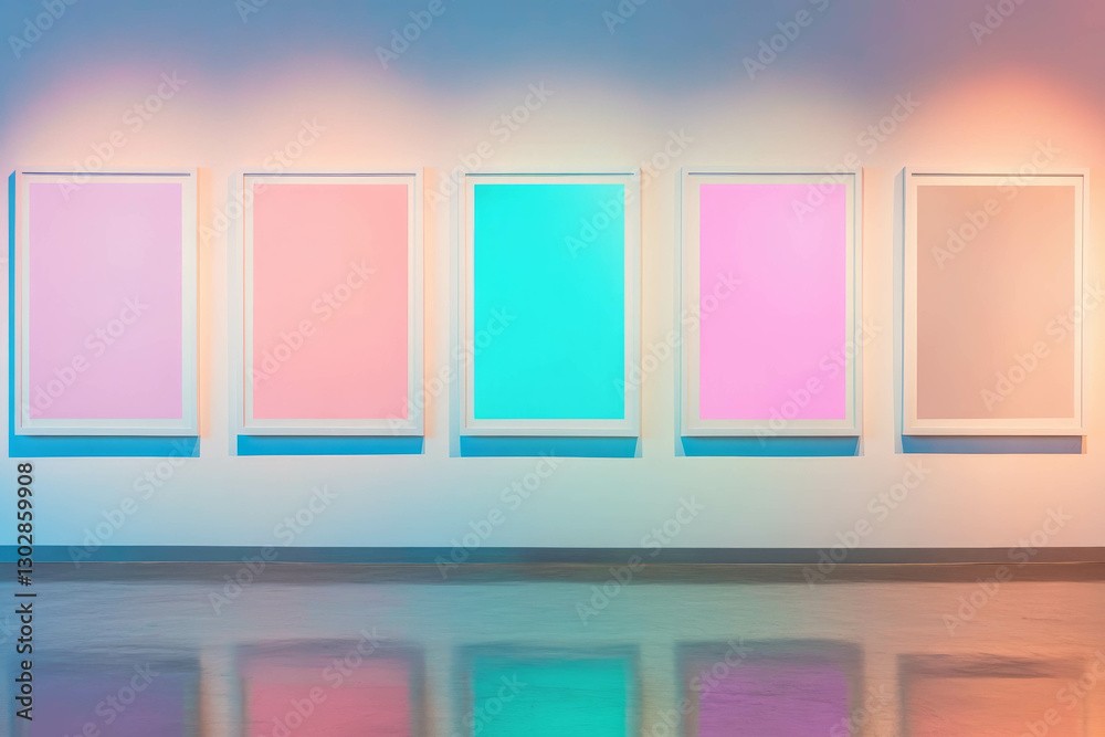 Poster modern art gallery display with colorful abstract white frames on wall