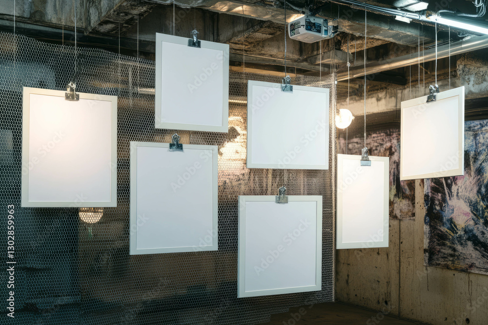 Aufkleber modern art display with white frames hanging on wire in industrial setting