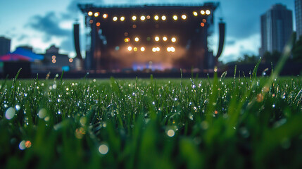 Dew Covered Grass in Front of a Concert Stage at Night