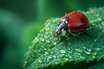 Fototapeta premium a lady bug sitting on a green leaf with water droplets on it's surface, with a green background
