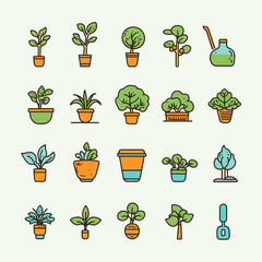 Variety of potted houseplants and watering can simple line art icons