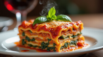 Fototapeta premium A fresh serving of homemade lasagna with layers of pasta, spinach, and tomato sauce garnished with basil leaves. This dish is served warm and fragrant