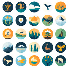 Colorful vector icon set featuring animals, nature, landscapes, and wildlife