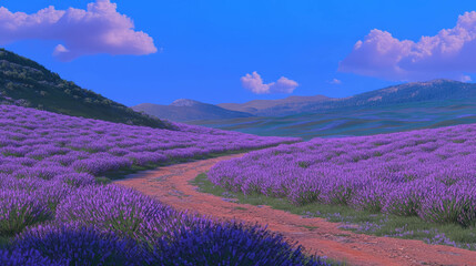 Scenic dirt road through lavender field under blue sky in serene landscape