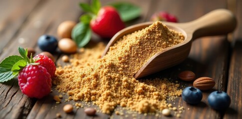 Protein powder scoop near nuts, seeds, berries on wood, fiber, workout, flax seeds