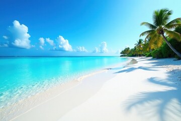Powdery white sand stretches to crystal-clear aquamarine water, palm trees silhouetted in distance , vacation, blue