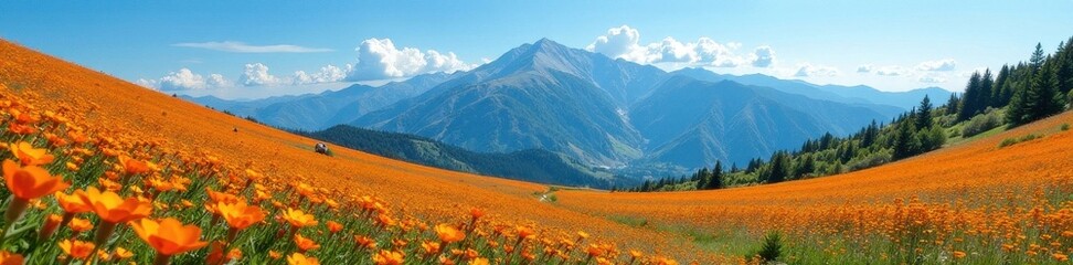 Fototapeta premium Rolling hills of fiery orange wildflowers stretch to a breathtaking mountain vista against a cloudless azure sky , bright, sunrise, spring