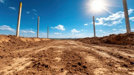 An expansive construction site showcasing freshly dug earth and upright concrete poles, illustrating the beginnings of building projects and engineering endeavors.